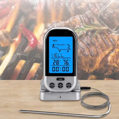 Thermomètre de Viande BBQ Sans Fil Thermomètre Numérique de Cuisine pour Aliments avec Sonde en Acier Inoxydable et Base pour Griller en Plein Air