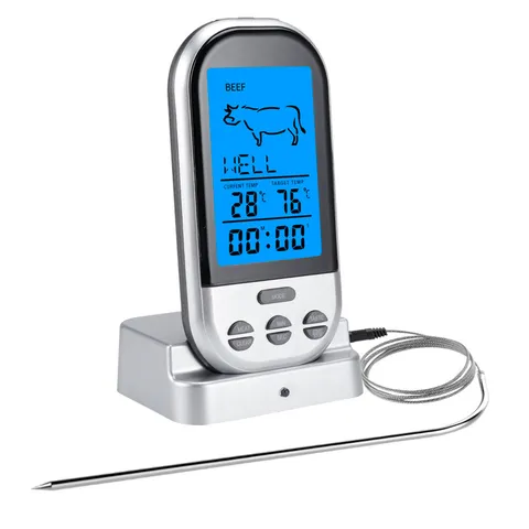 Thermomètre de Viande BBQ Sans Fil Thermomètre Numérique de Cuisine pour Aliments avec Sonde en Acier Inoxydable et Base pour Griller en Plein Air