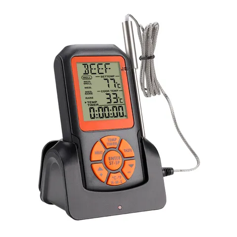 Thermomètre à Viande BBQ Numérique Sans Fil Thermomètre de Cuisine avec Sonde en Acier Inoxydable et Affichage LCD