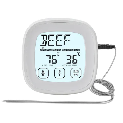 Digital Kitchen Food Cooking Thermometer Touch Screen Meat BBQ Thermometer Timer With Stainless Steel Probe White