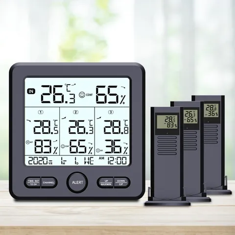 Thermo-Hygromètre Numérique Sans Fil Intérieur Extérieur Avec Trois Capteurs Grand Écran Alarme Couleur Station Météo