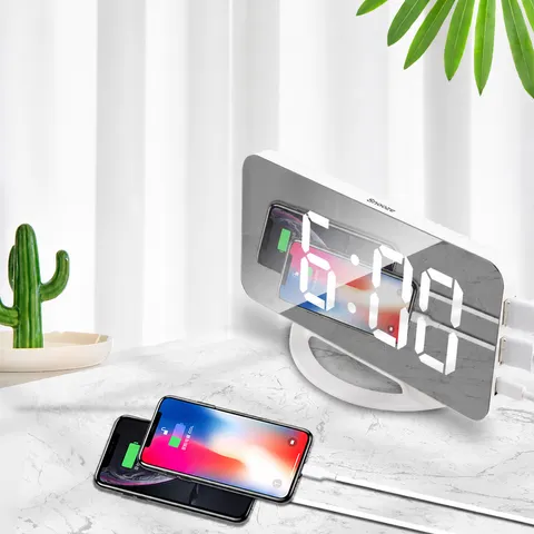 Réveil Miroir Numérique LED Horloge de Table Électronique RGB avec Grand Écran Créatif et Doubles Ports USB pour Chambre Bureau