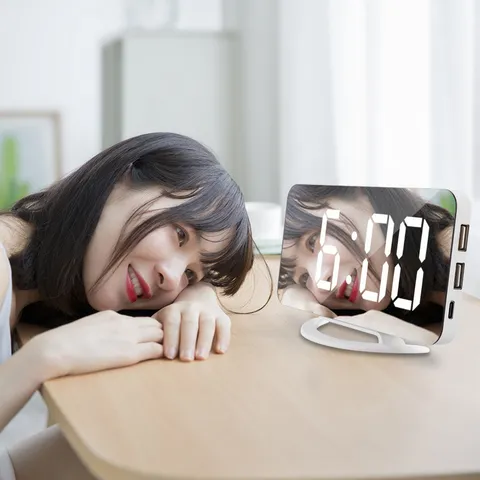 LED Digital Mirror Alarm Clock Creative Large Screen RGB Electronic Table Clock With Dual USB Ports For Bedroom Office