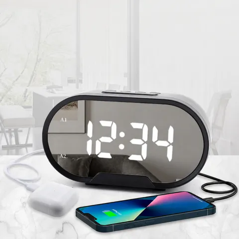 LED Spiegel Digitalwecker Modern Minimalistisch Grossbild Elektronischer Tischwecker Schlummerfunktion Dual USB Lade Tischuhr