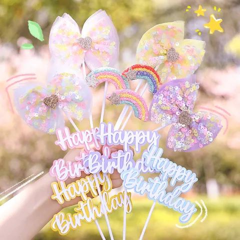 Ins Stijl Pailletten Strik Regenboog Happy Birthday Taarttopper Gaas Glitter Hart Ster Cupcake Decoratie Voor Verjaardagsfeestje