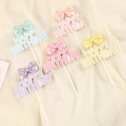 Schattige 3D Strik Taarttopper Macaron Kleur Happy Birthday Dessert Decoratie Voor Feestartikelen Verjaardagstaart Decor