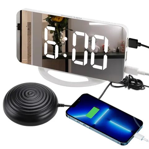 LED Digital Mirror Alarm Clock With Bedside Shaker Vibration USB Charging Electronic Desktop Clock For Heavy Sleepers