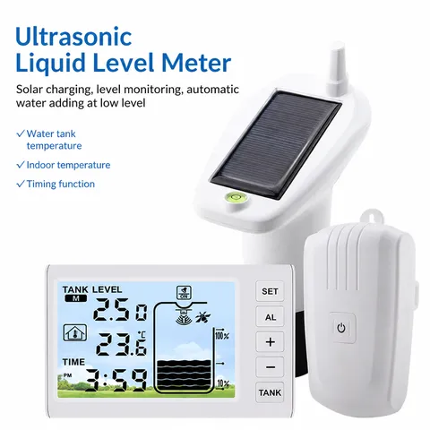Indicateur de Niveau d'Eau à Ultrasons Moniteur de Niveau de Cuve avec Panneau Solaire Batterie Rechargeable Boîte de Contrôle