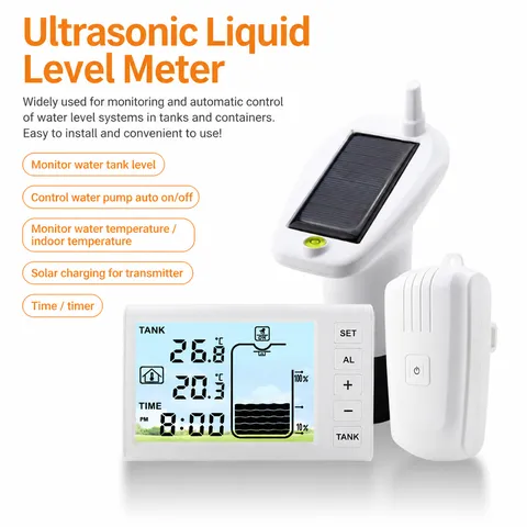 Indicateur de Niveau d'Eau à Ultrasons Moniteur de Niveau de Cuve avec Panneau Solaire Batterie Rechargeable Boîte de Contrôle