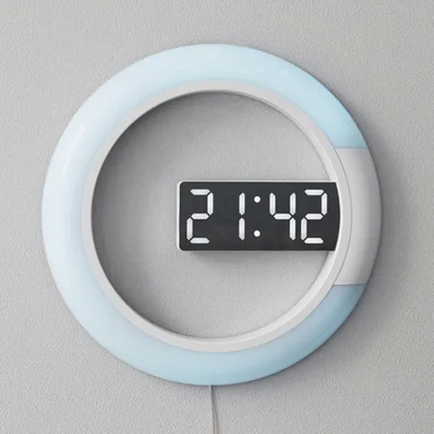 Modern LED Mirror Wall Clock Multifunctional Digital Electronic Clock Hollow Ring Night Light Home Decor