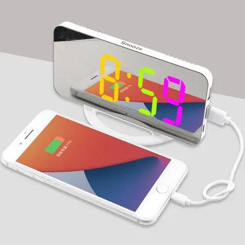Modern LED Digital Mirror Alarm Clock RGB Colorful Electronic Table Clock With Dual USB Ports For Bedroom