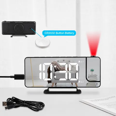 Réveil à Projection Numérique LED Horloge de Table Électronique Moderne Affichage Miroir Charge USB Réveil de Chevet Bureau