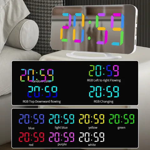 Modern LED Digital Mirror Alarm Clock RGB Colorful Electronic Table Clock With Dual USB Ports For Bedroom