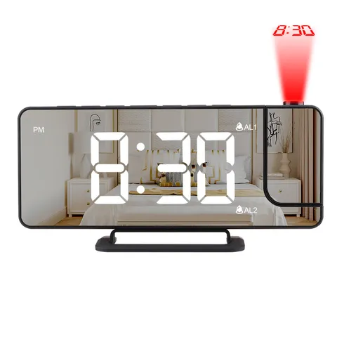 LED Digital Projection Alarm Clock Modern Electronic Table Clock Mirror Display USB Charging Bedside Clock Home Office