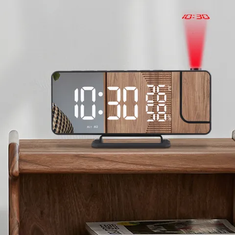 Réveil à Projection Numérique LED Surface Miroir Horloge de Bureau Électronique Avec Température Humidité Radio FM Chargeur USB
