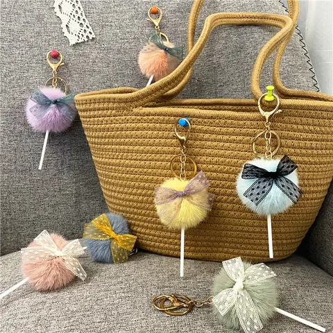 Korean Style Cute Faux Mink Fur Lollipop Keychain Pom Pom Plush Bag Pendant Car Key Ring Creative Jewelry Gift For Women