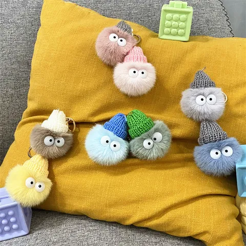 Cute Cartoon Plush Keychain Soot Sprite Style Furry Ball Bag Pendant Car Keyring With Knitted Hat For Women Girls Gift