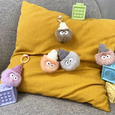 Cute Cartoon Plush Keychain Soot Sprite Style Furry Ball Bag Pendant Car Keyring With Knitted Hat For Women Girls Gift