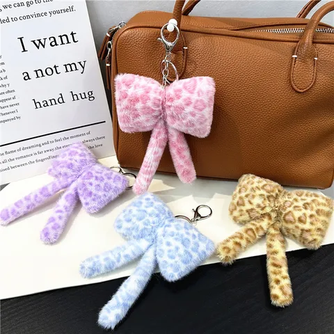 Korean Cute Leopard Print Plush Bow Keychain Fashion Faux Fur Bag Charm Aesthetic Bowknot Accessory For Women Backpack