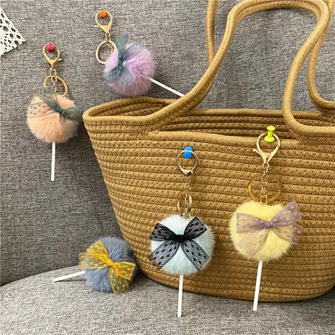 Korean Style Cute Faux Mink Fur Lollipop Keychain Pom Pom Plush Bag Pendant Car Key Ring Creative Jewelry Gift For Women