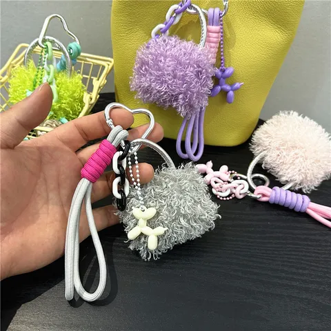 Cute Plush Mini Bag Keychain With Heart Metal Hook Woven Phone Lanyard Fashion Girl Bag Accessory Gift For Women