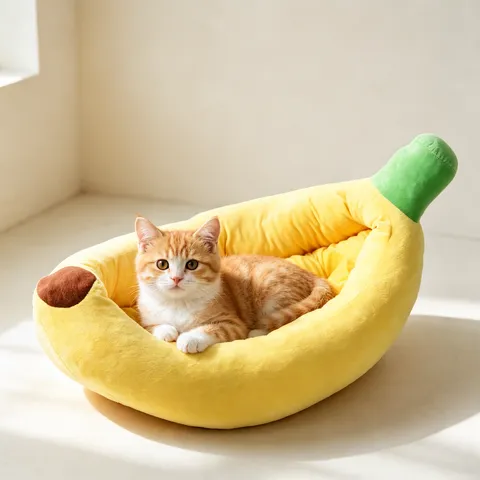 Lit pour Animaux Forme Banane Doux Polaire Chaud Nid de Chat Maison de Sommeil Chien Confortable Design Fruit Mignon Coussin Chiot Tapis