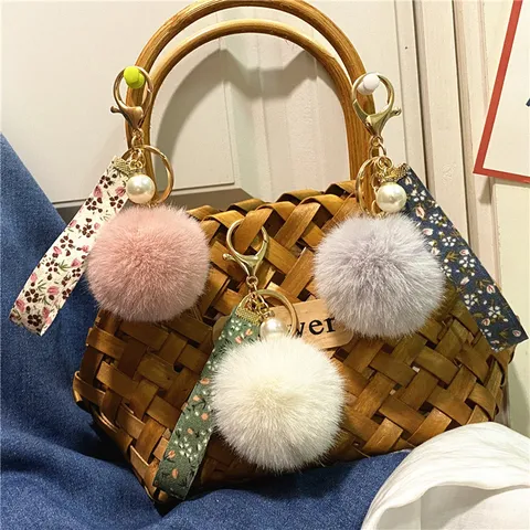 Cute Plush Pom Pom Keychain With Floral Ribbon And Artificial Pearl Key Ring Fresh Bag Charm For Car Women Gift