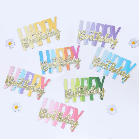 Kleurrijk Gradiënt Happy Birthday Taarttopper Glitter Gouden Belettering Taartprikker Feestdecoratie Voor Verjaardag Bakkerij Accessoires