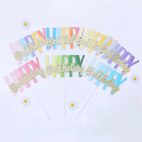 Kleurrijk Gradiënt Happy Birthday Taarttopper Glitter Gouden Belettering Taartprikker Feestdecoratie Voor Verjaardag Bakkerij Accessoires