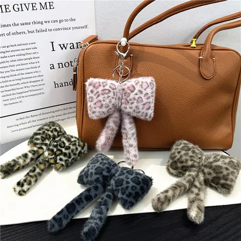 Korean Cute Leopard Print Plush Bow Keychain Fashion Faux Fur Bag Charm Aesthetic Bowknot Accessory For Women Backpack