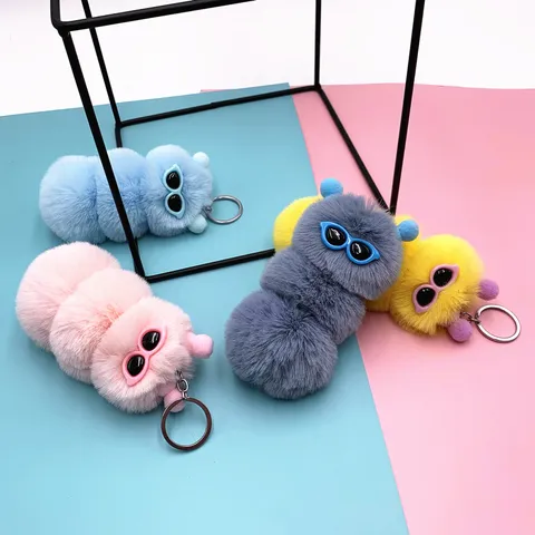 Cute Caterpillar Plush Keychain Candy Color Cartoon Faux Fur Bag Pendant Car Key Ring Accessories For Women Girls Gift