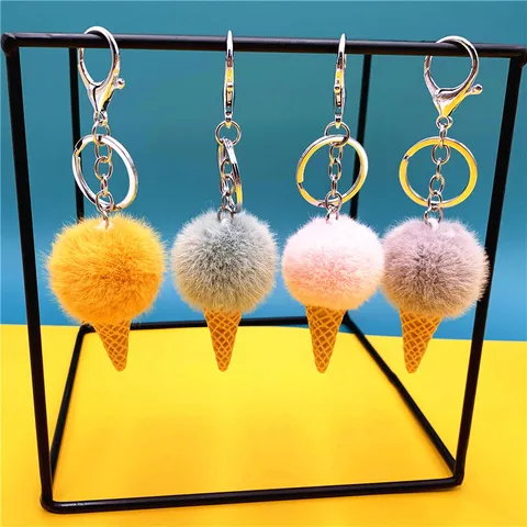Cute Cartoon Ice Cream Cone Plush Keychain Faux Fur Ball Bag Pendant Charm For Students Girls Creative Gift Accessories