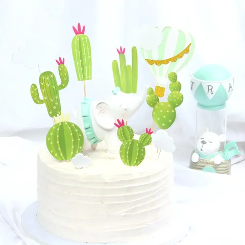 Kaktus Taarttopper Set Bedrukt Karton Groene Planten Desserttafel Decoratie Materiaalpakket Voor Verjaardagsfeest Kinderdag