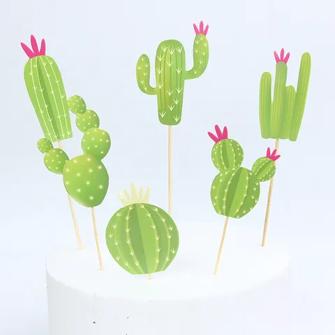 Kaktus Taarttopper Set Bedrukt Karton Groene Planten Desserttafel Decoratie Materiaalpakket Voor Verjaardagsfeest Kinderdag
