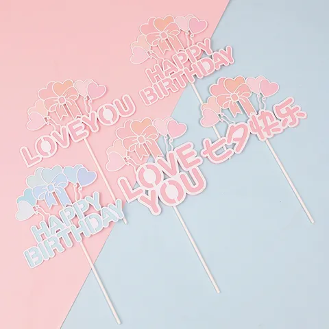 Hart Ballon Strik Taarttopper Love You Happy Birthday Papieren Taart Decoratie Voor Bruiloft Valentijnsdag Verjaardag Feest