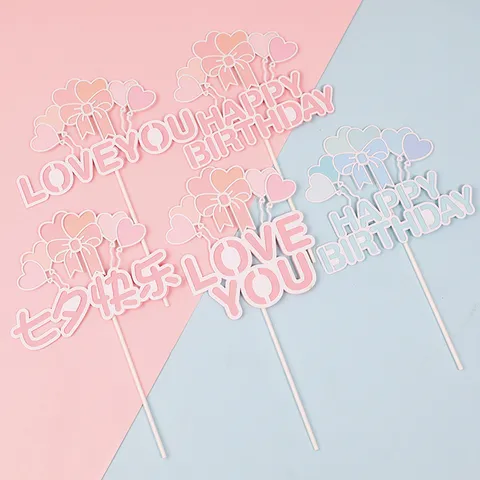 Hart Ballon Strik Taarttopper Love You Happy Birthday Papieren Taart Decoratie Voor Bruiloft Valentijnsdag Verjaardag Feest