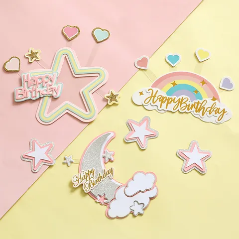 Ins Stijl Happy Birthday Taarttoppers Set Maan Ster Regenboog Wolk Taartversiering Voor Kinderen Verjaardagsfeestje Baby Shower Bakbenodigdheden