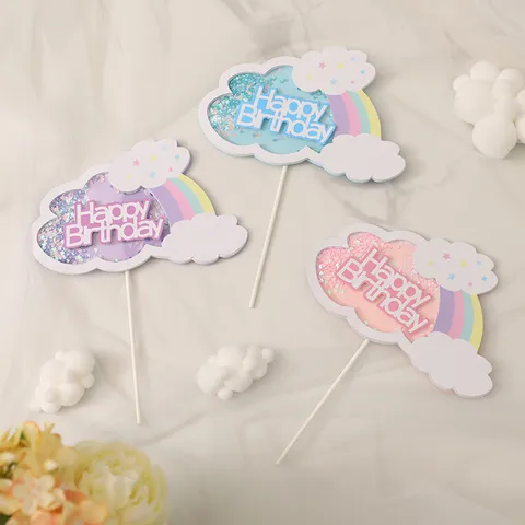 Creative Glitter Rainbow Cloud Happy Birthday Cake Topper Star Crown Number Decorative Toppers For Birthday Party Cake Decoration