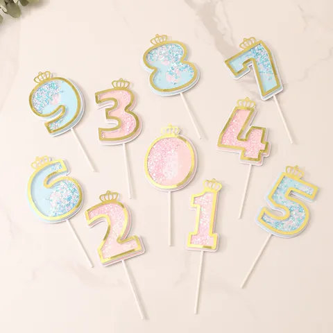 Crown Number Birthday Cake Toppers 0-9 Glitter Sequins Cupcake Topper Pink Blue Party Cake Decor Supplies