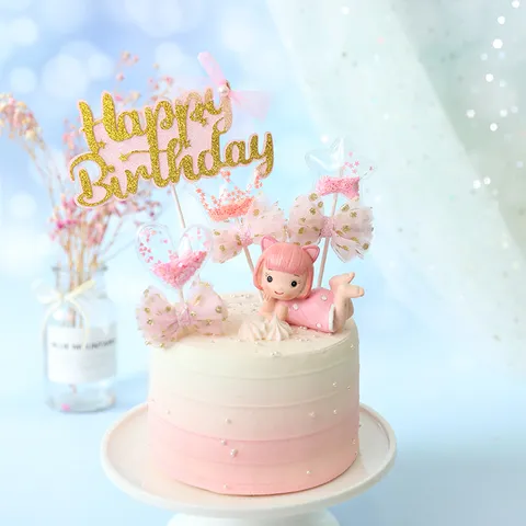 Glitter Happy Birthday Cake Topper With Tulle Bow Artificial Pearl Heart Star Crown Sequin Cake Decoration For Party
