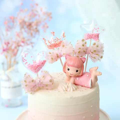 Glitter Happy Birthday Cake Topper With Tulle Bow Artificial Pearl Heart Star Crown Sequin Cake Decoration For Party