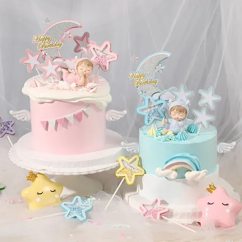 Angel Cow Baby Cake Topper Resin Figurine Glitter Sequin Star Moon Birthday Party Cake Decoration For Baby One Year Old