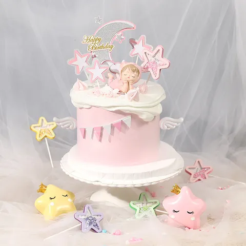 Angel Cow Baby Cake Topper Resin Figurine Glitter Sequin Star Moon Birthday Party Cake Decoration For Baby One Year Old