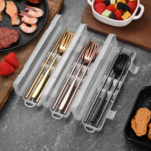 Portable Stainless Steel Utensil Set With Travel Case Reusable Spoon Fork Chopsticks For Camping School Office Dinnerware