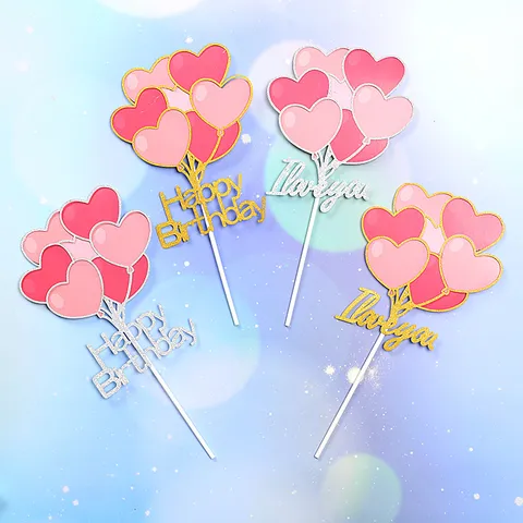 Glitter Heart Balloon Cake Topper Happy Birthday I Love You Pattern Paper Cake Insert For Valentine Day Birthday Party Decoration