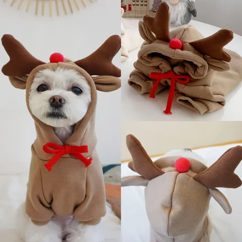 Animal de Compagnie Noël Élan Sweat-shirt à Capuche Chaud Polaire Vêtements pour Chiens Petits Moyens Chiens Vêtements d'Hiver Chiot Tenue Costume