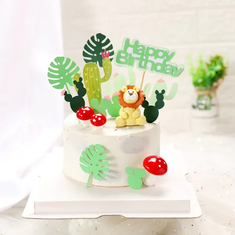 Leeuw Thema Taarttopper Monstera Blad Cactus Dier Verjaardag Taart Decoraties Jungle Safari Feestartikelen Bos Thema Toppers