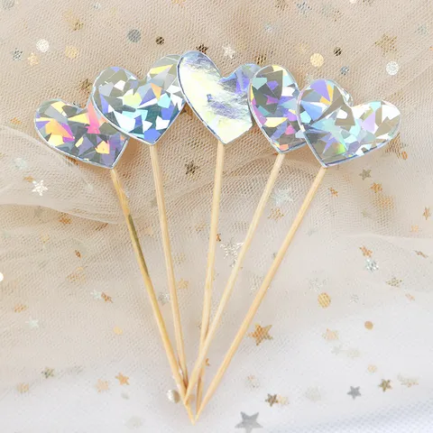 Holografische Ster Hart Taarttoppers 5 Stuks Pakket Laser Glitter Taartdecoraties Voor Verjaardag Bruiloft Bakken Feestartikelen