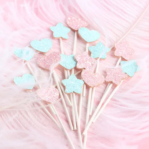 5 Stuks Glitter Hart Ster Taart Toppers Dromerig Roze Lichtblauw Taart Decoratie Prikkers Voor Verjaardag Bruiloft Feestje