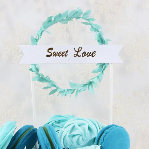 Forest Style Leaf Wreath Cake Topper Happy Birthday Sweet Love Paper Banner Decoration For Wedding Birthday Party Dessert Table Decor